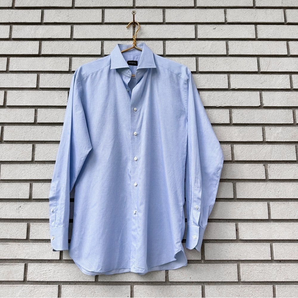Ermenegildo Zegna 16.5 42 Blue Check Cotton Shirt Regular Fit (Missing Button)
